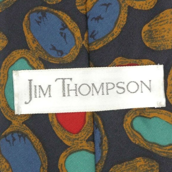 JIM THOMPSON Jem Stone Red Blue Green on Black Men's Silk Neck Tie - Picture 4 of 4